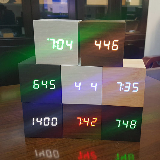 Minimalist Cube Wooden Digital Clock Sound Sensitive LED Display Temperature and Time Desk Alarm Clock
