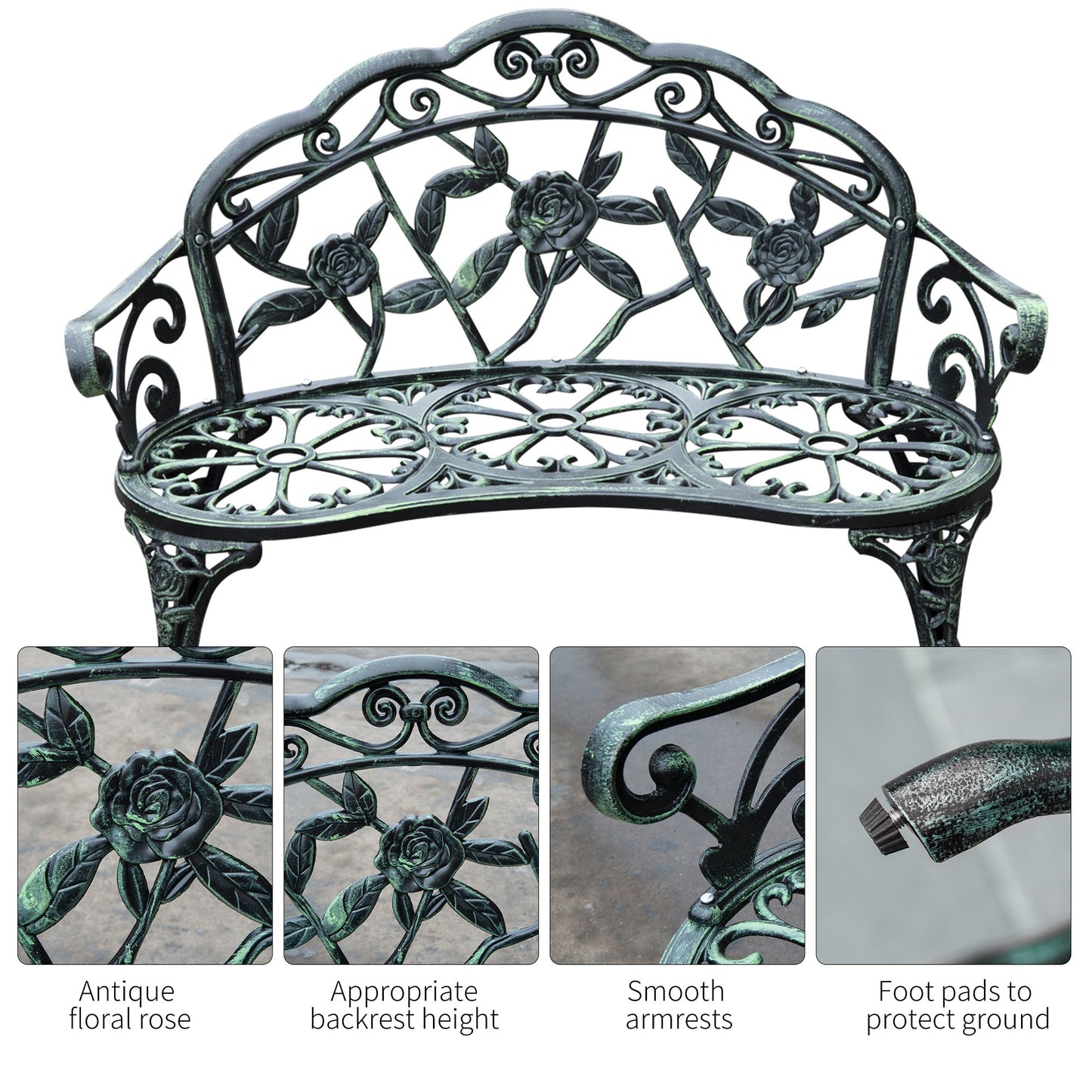 Outdoor Cast Aluminum Garden Bench Metal Floral Rose Accent Antique Finish Patio Seating Furniture Green
