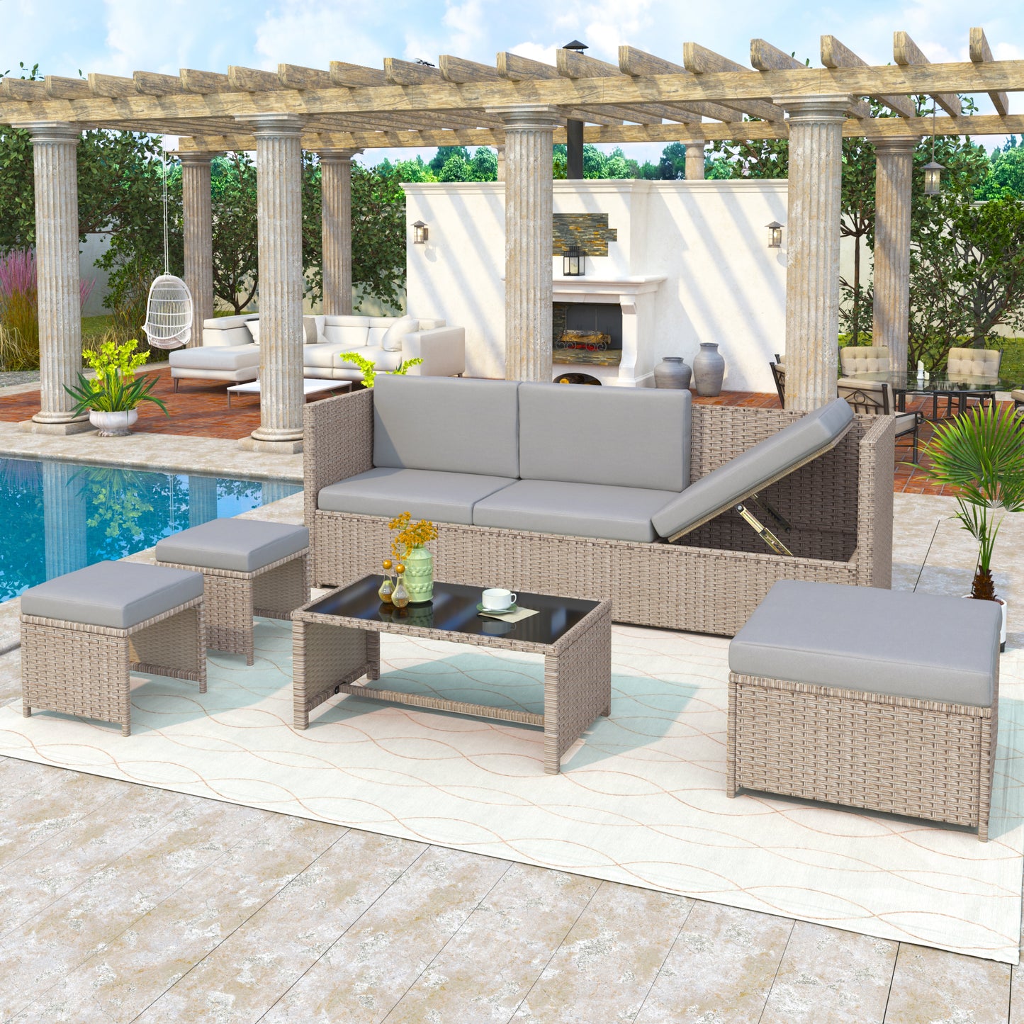 4-6 Seater Garden Lounge Set Rattan Patio Furniture Sofa Seating Group Outdoor Khaki