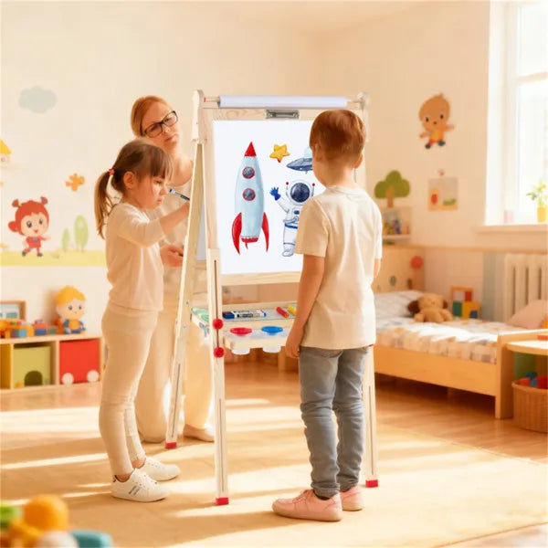 Natural Pine Wood 3-in-1 Kids Art Easel – Adjustable Magnetic Whiteboard & Chalkboard Drawing Board (Ages 3–14)