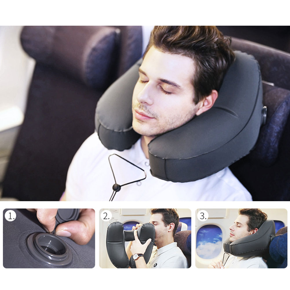 Hooded Travel Pillow Inflatable H Shape Neck Pillow Lightweight Folding Nap Cushion for Car Office Airplane Sleeping