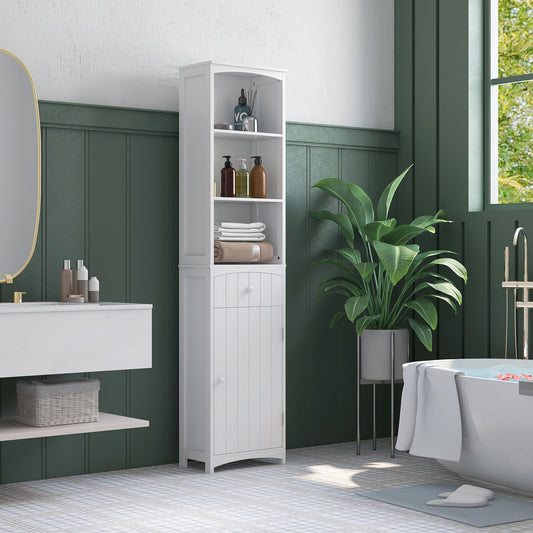 Free Standing Bathroom Storage Cabinet – Tall Linen Tower with 3-Tier Shelves & Drawer (White)