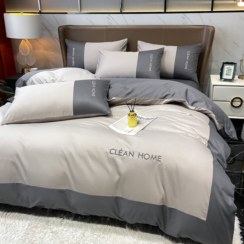 European and American Letters Embroidered Cotton Satin Four Piece Bedding Set Luxury Soft Duvet Cover Bed Sheet Set