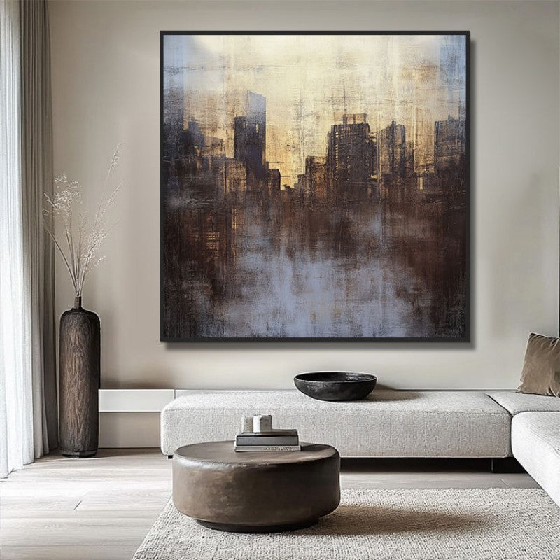 Hand Painted Abstract Urban Architecture Canvas Painting Textured Acrylic Wall Art Modern Living Room Decor