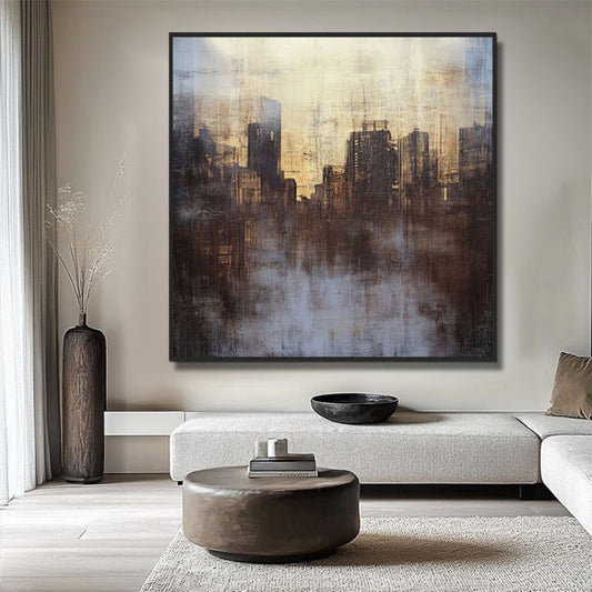 Hand Painted Abstract Urban Architecture Canvas Painting Textured Acrylic Wall Art Modern Living Room Decor