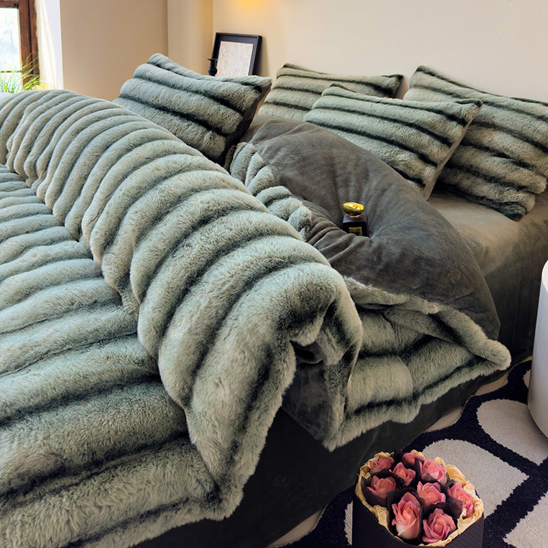 Milk Fiber Thick Rabbit Fur 4-Piece Bedding Set Autumn Winter Warm Fluffy Soft Breathable Bed Set