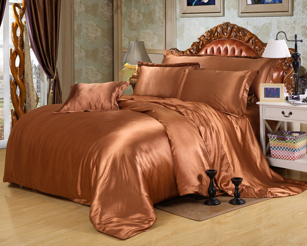 Artificial Silk Double Sided Satin Quilt Cover Bed Sheet 4 Piece Set Luxury Soft Bedding Set