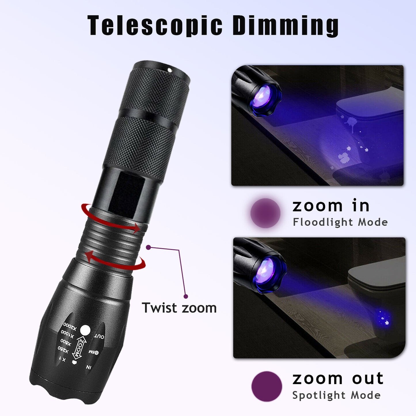 UV 395nm Zoomable Blacklight Flashlight – 2-in-1 Ultra Violet LED Inspection Torch (250000LM)