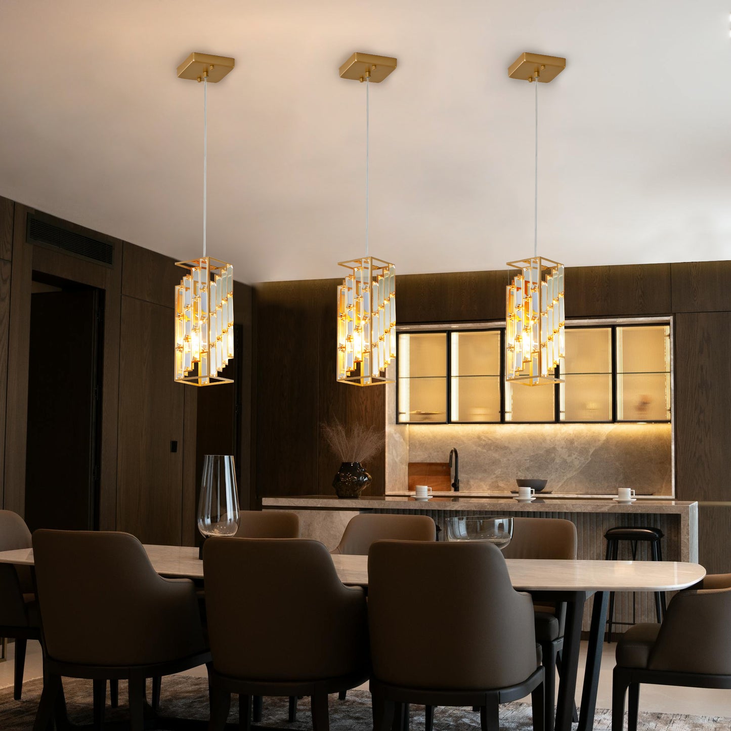 4-Inch Modern Crystal Pendant Light 3-Pack – Golden Adjustable Hanging Lamp for Dining Room & Kitchen Island