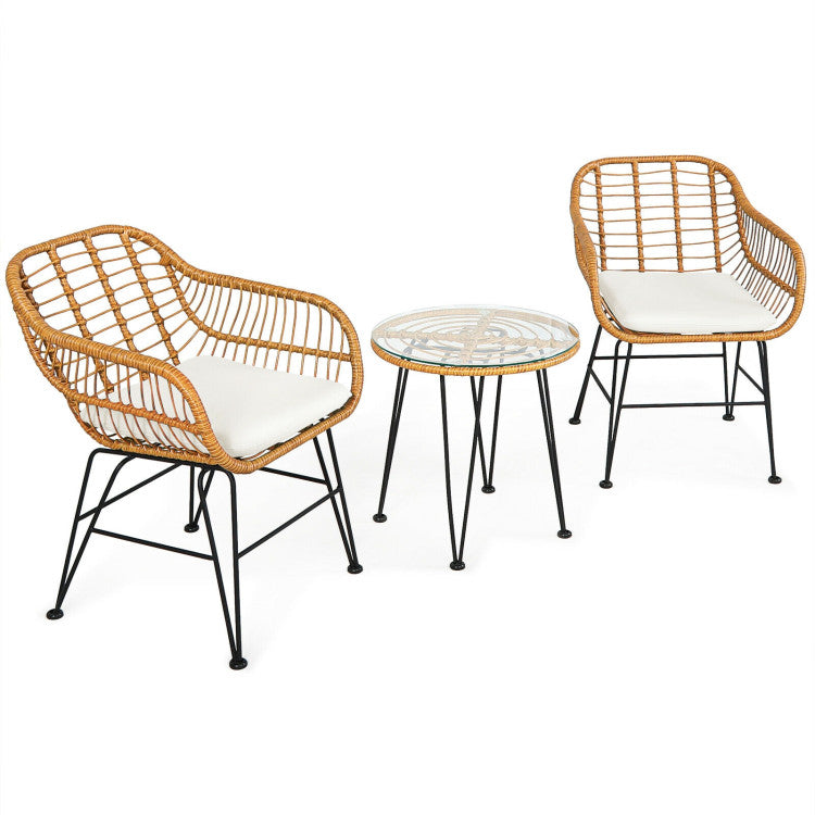 3 Pieces Rattan Furniture Set Cushioned Chairs & Table Outdoor Patio Garden Sofa Seating Set
