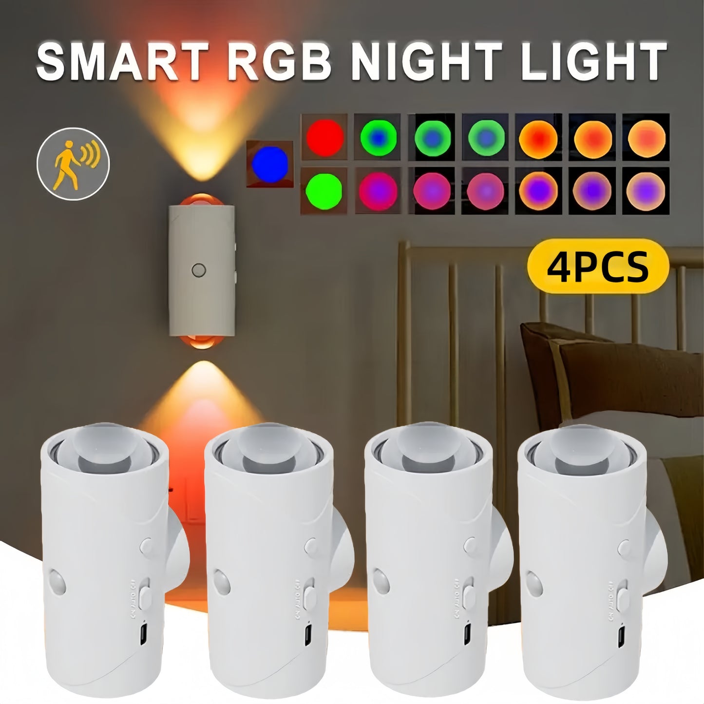 4PCS Color-Sensing Motion Night Lights Magnetic Cabinet Wall Lights with 3 Modes Decorative LED Lighting
