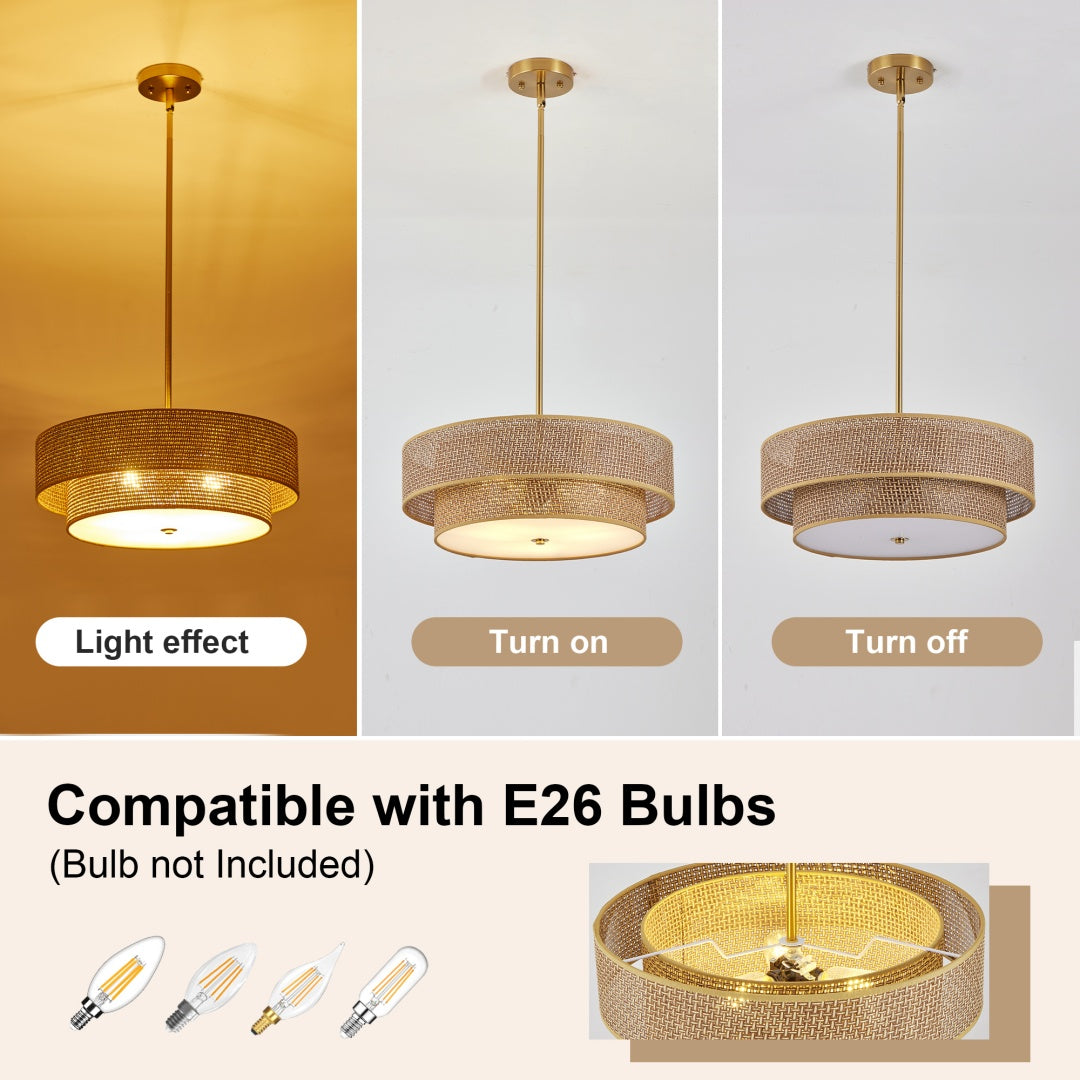 17.7 Inch Woven Rattan Linen Semi Flush Ceiling Light Fixture Farmhouse Pendant Lamp for Bedroom Kitchen Dining Living Room Corridor