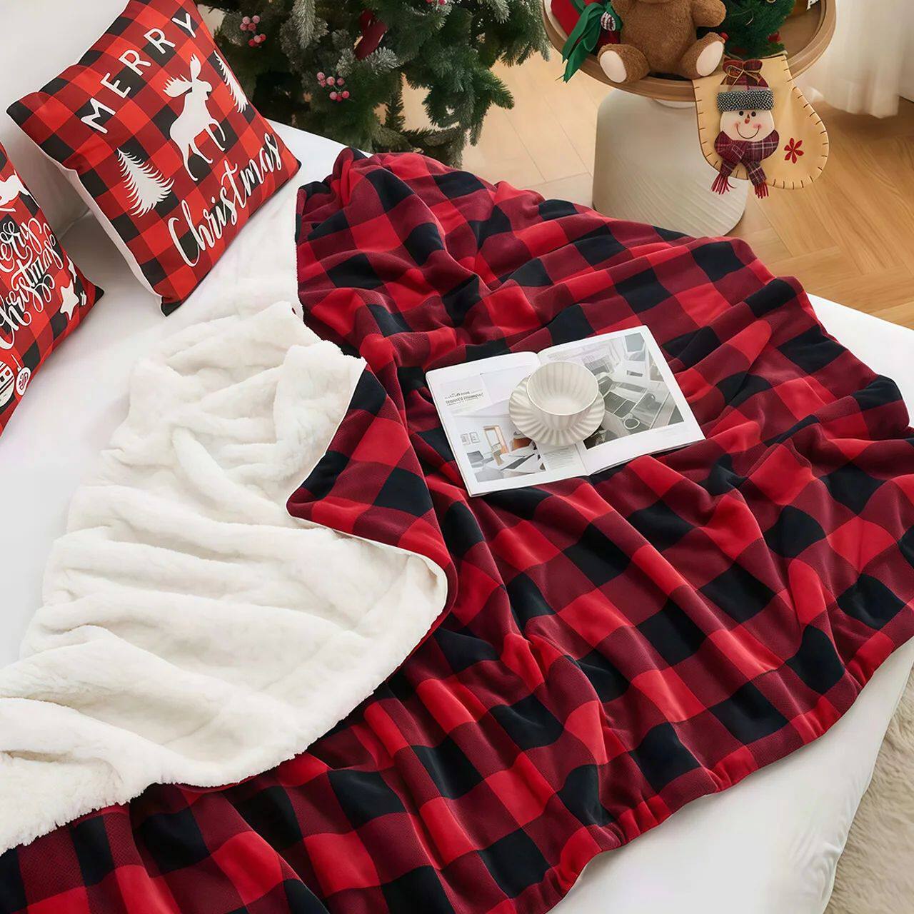 Cozy Sherpa Fleece Buffalo Plaid Blanket Soft Warm Throw Blanket for Sofa Bed Winter Home Decor