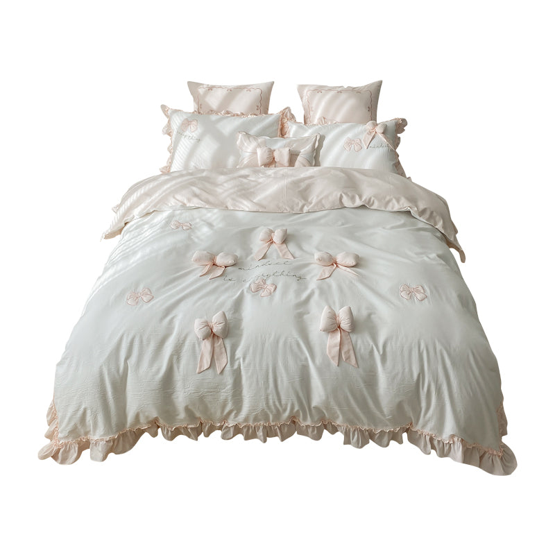 Four Piece Washed Cotton Bedding Set 3D Bow Design Soft Duvet Cover Bed Sheet Pillowcase Set for Bedroom Decor
