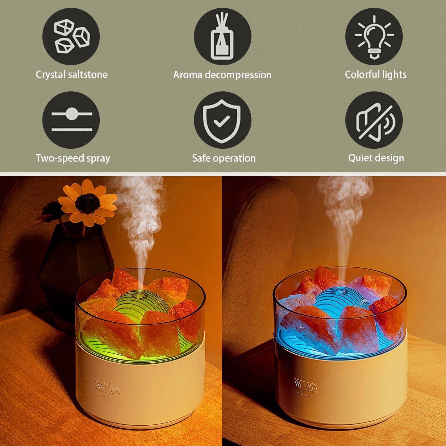 Cool Mist Impeller Air Humidifier Crystal Salt Aroma Diffuser Essential Oil Fogger Ambient Light Incense Machine for Home Decor