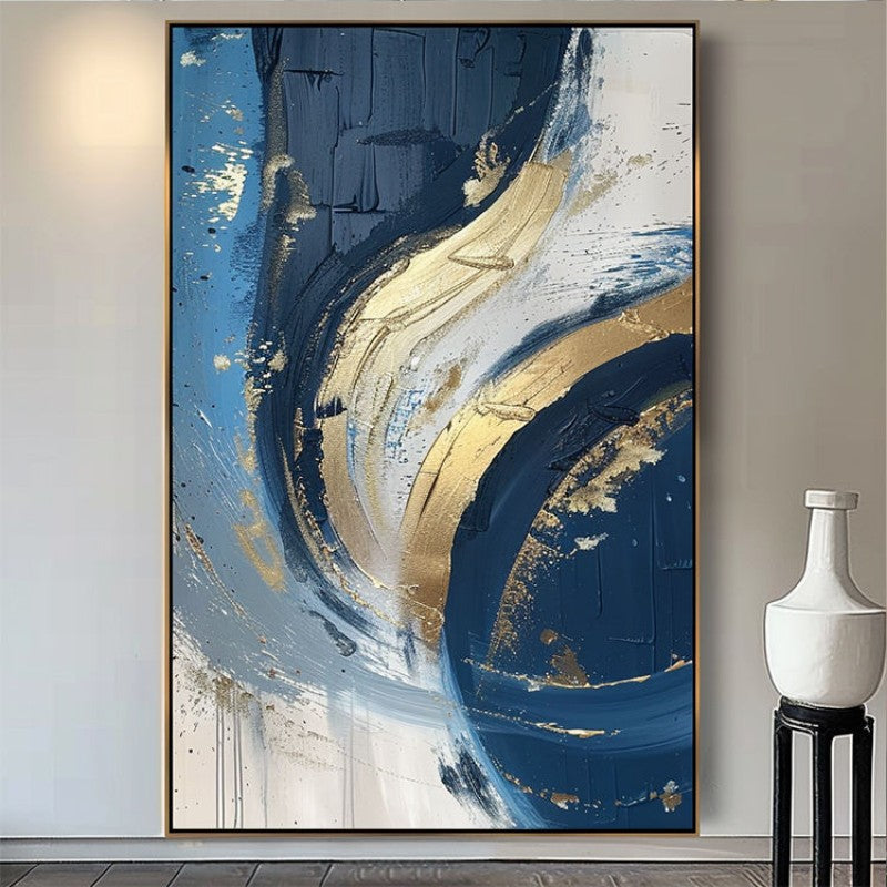 Luxury Handmade Abstract Oil Painting on Canvas Modern Golden Blue Minimalist Texture Wall Art for Living Room Decor Frameless