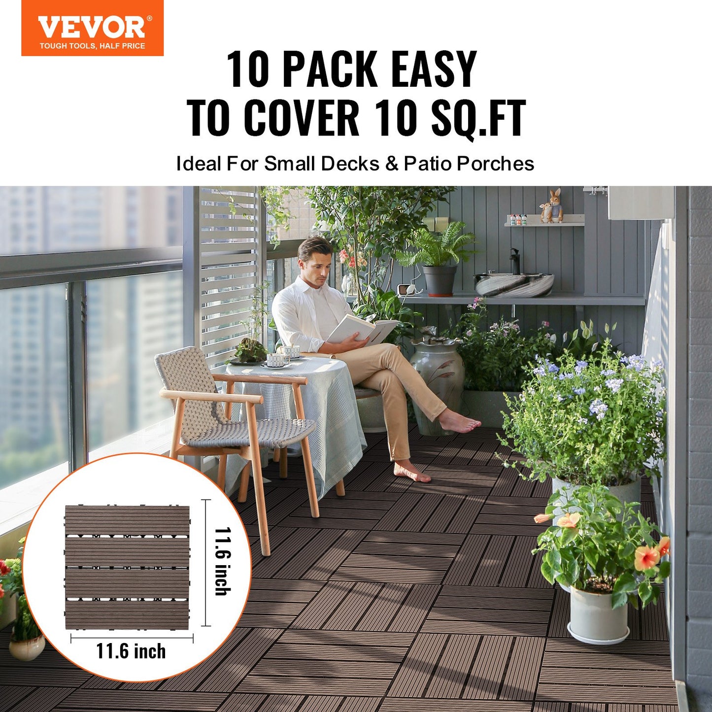 Interlocking Deck Tiles Plastic Wood 10 Pack 12x12 Waterproof Outdoor Flooring Patio Decking Tiles for Balcony Poolside Backyard