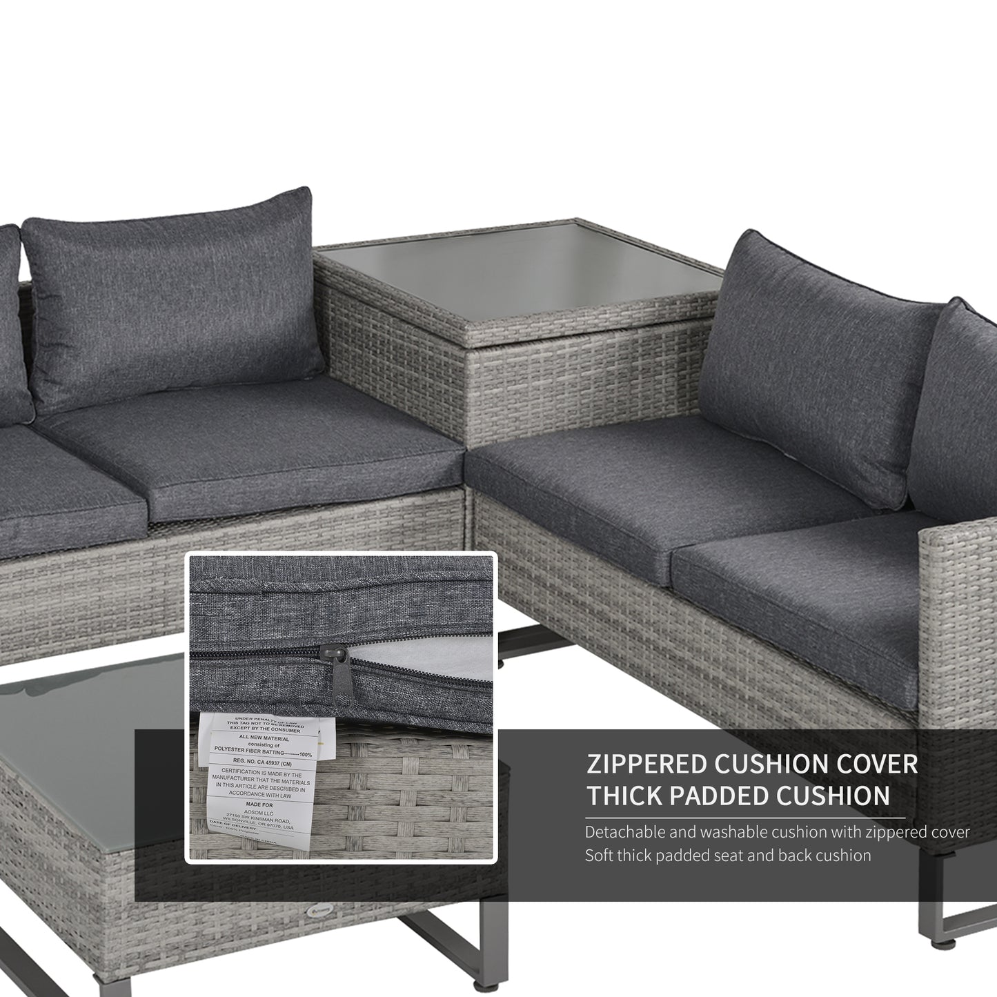 4 Piece Rattan Garden Furniture Set 4 Seater Sofa with Storage Box Glass Top Table Wicker Outdoor Patio Furniture Grey