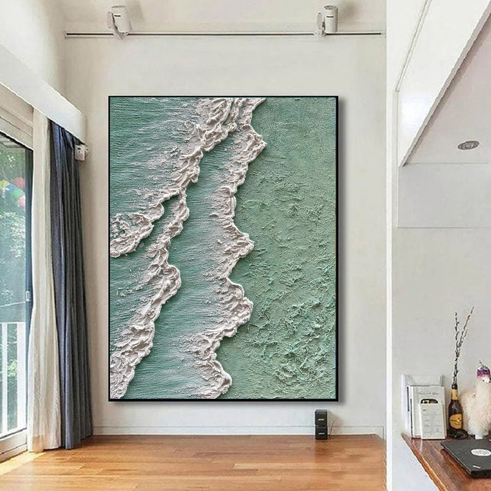 Abstract Ocean Waves Thick Texture Oil Painting Hand Painted Green White Cream Canvas Wall Art Wabi Sabi Home Decor