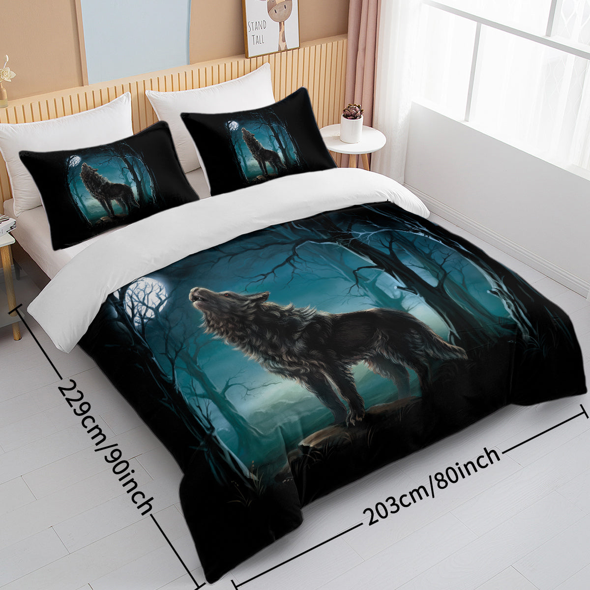 Moon Wolf Bedding Set Green Watercolor Forest Duvet Cover 3 Piece Wild Animal Bed Set Twin Full Queen King