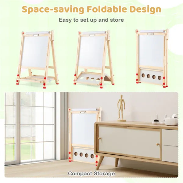 Natural Pine Wood 3-in-1 Kids Art Easel – Adjustable Magnetic Whiteboard & Chalkboard Drawing Board (Ages 3–14)