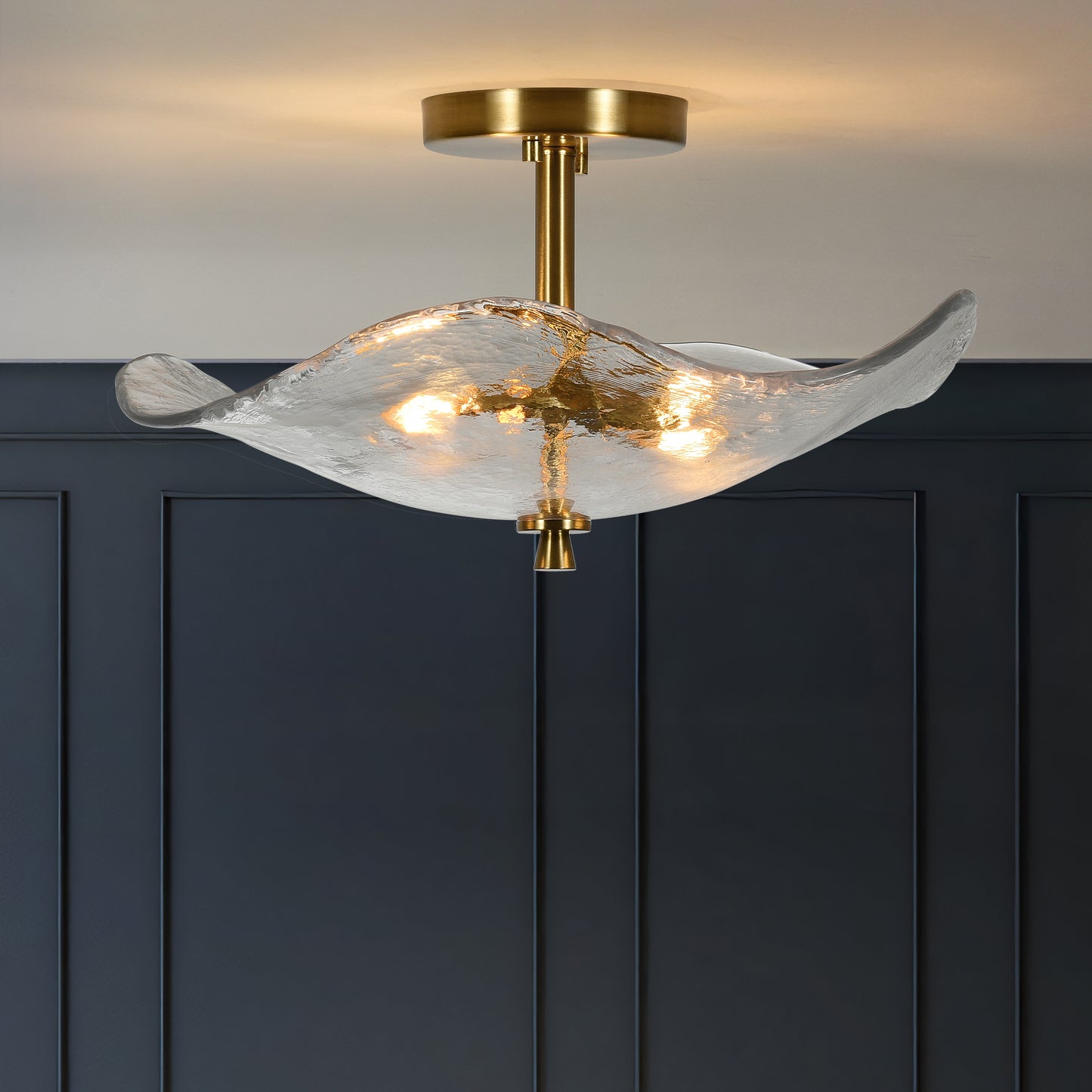 16.5 Inch Glass Semi Flush Mount Ceiling Light Fixture Modern Gold 2-Light Bedroom Bathroom Kitchen Hallway Ceiling Lamp