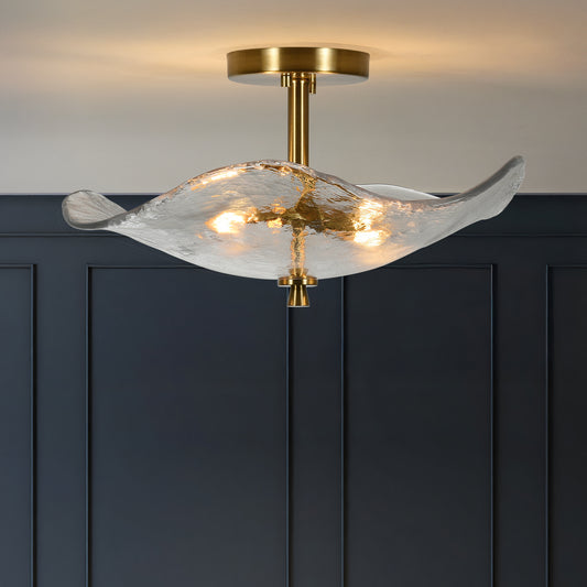 16.5 Inch Glass Semi Flush Mount Ceiling Light Fixture Modern Gold 2-Light Bedroom Bathroom Kitchen Hallway Ceiling Lamp