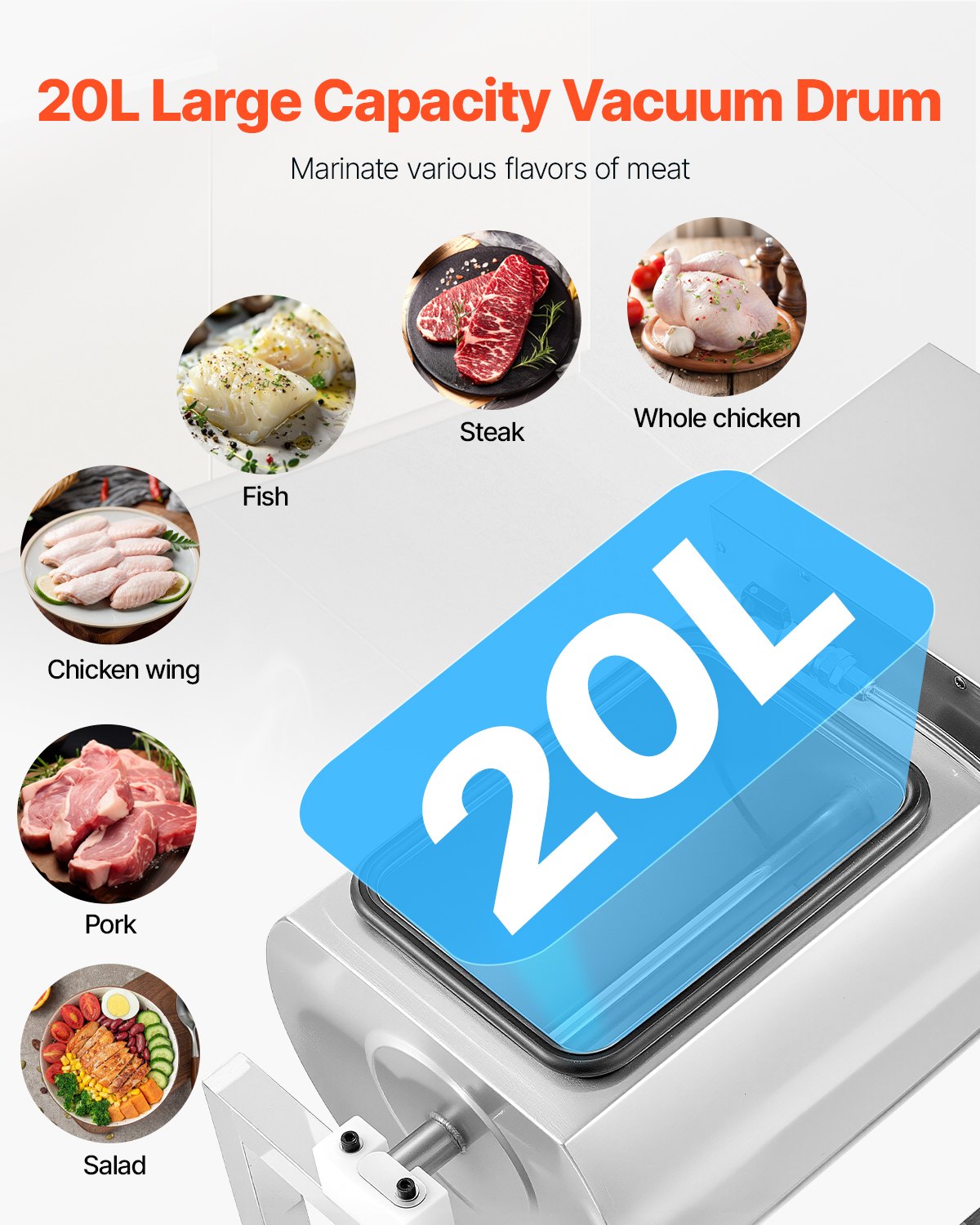 20L Vacuum Meat Tumbler Marinator Machine for Chicken Steak Fish Commercial Food Processing Use