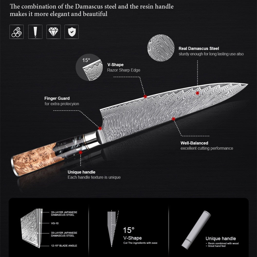 Damascus Steel Kitchen Knife Black Stabilized Wood Resin Handle Chef Knife for Precision Cutting Cooking