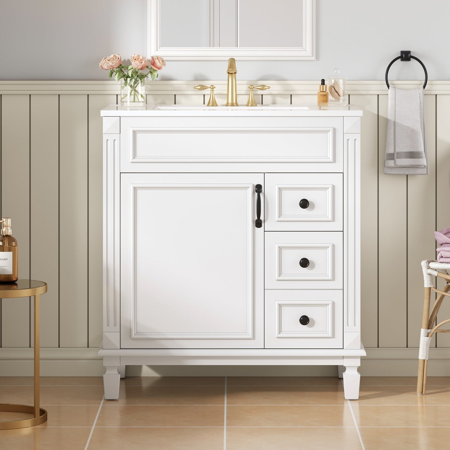 30 Inch Bathroom Vanity with Ceramic Sink Modern Small Bathroom Cabinet with 2 Drawers and Adjustable Shelf