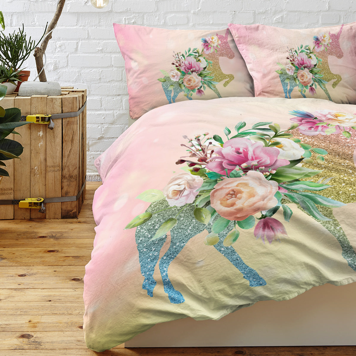 3-Piece Kids Bedding Set for Girls Glitter Cartoon Horse Rose Duvet Cover Ultra Soft Teen Bedspread