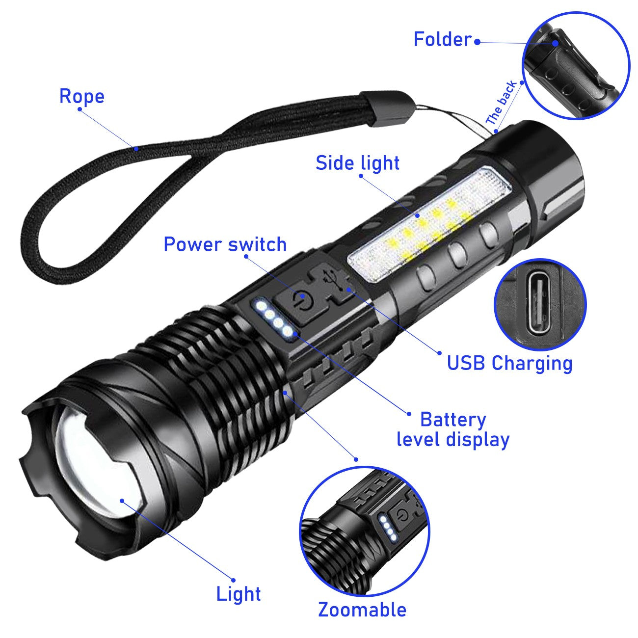Rechargeable LED Tactical Flashlight – Zoomable USB Torch with Red, White & Blue Modes for Work & Camping