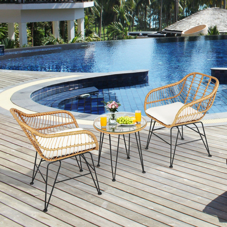 3 Pieces Rattan Furniture Set Cushioned Chairs & Table Outdoor Patio Garden Sofa Seating Set