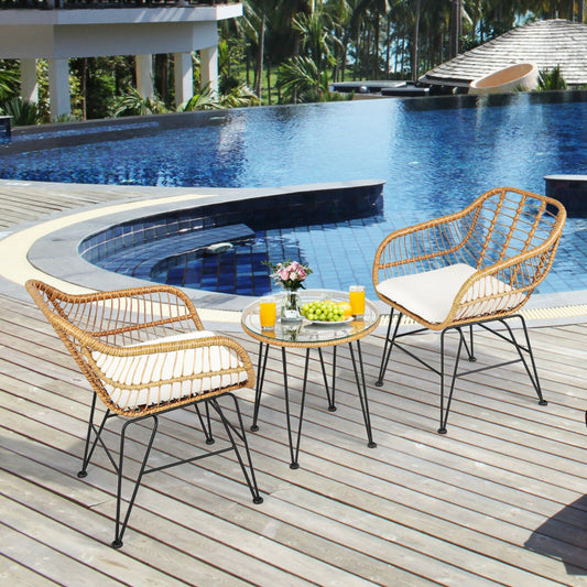 3 Pieces Rattan Furniture Set Cushioned Chairs & Table Outdoor Patio Garden Sofa Seating Set