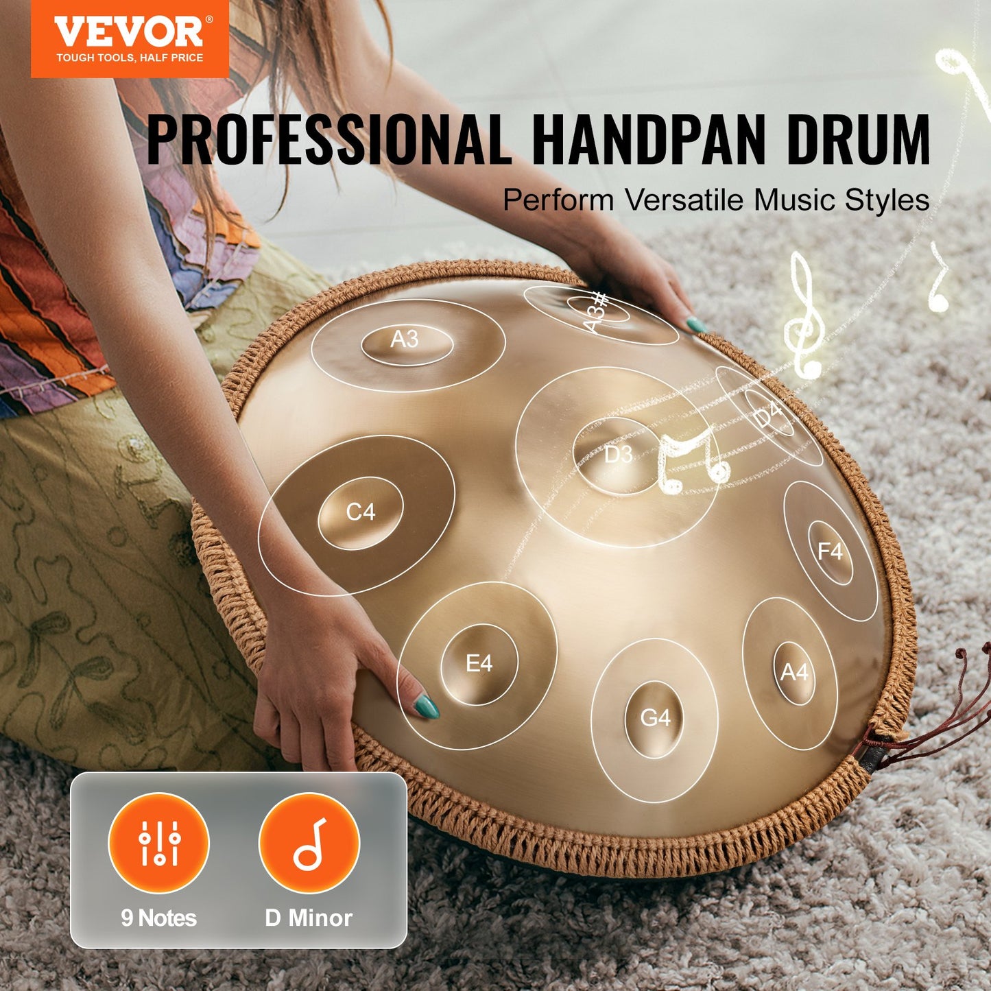 22 Inch Handpan Drum 9 Notes D Minor Steel Hand Drum with Mallets for Adults Meditation Music