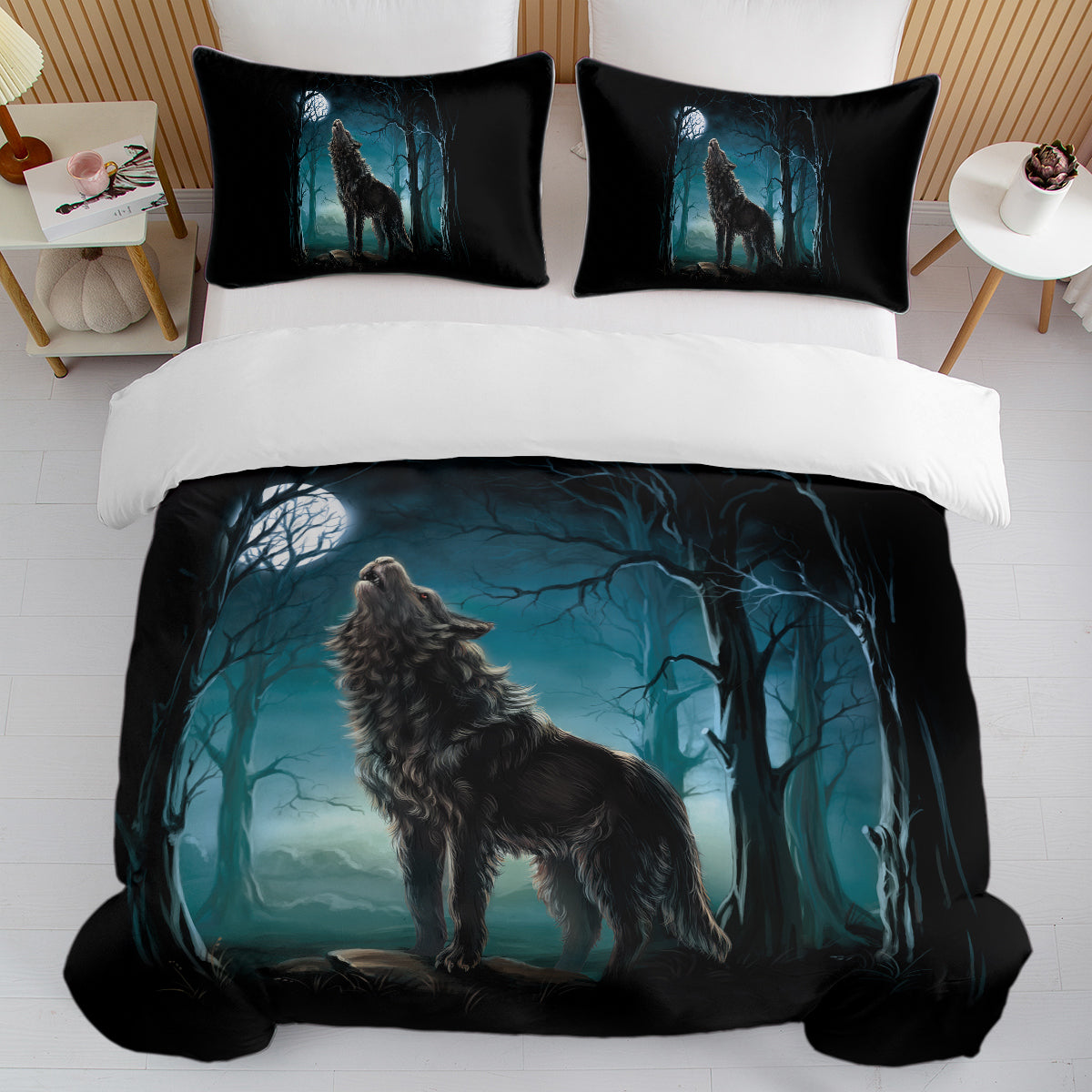 Moon Wolf Bedding Set Green Watercolor Forest Duvet Cover 3 Piece Wild Animal Bed Set Twin Full Queen King