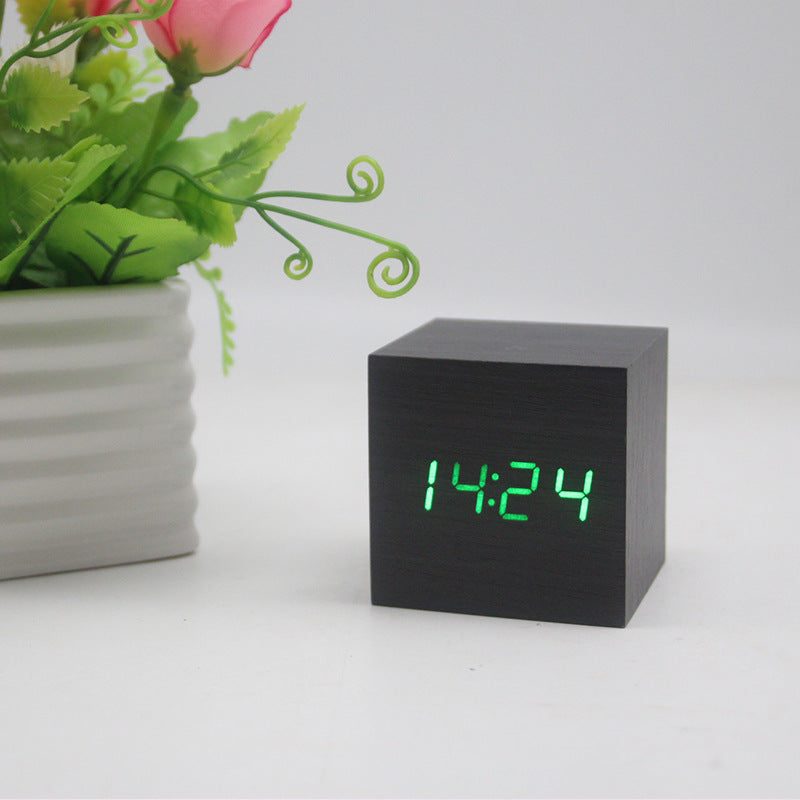 Minimalist Cube Wooden Digital Clock Sound Sensitive LED Display Temperature and Time Desk Alarm Clock