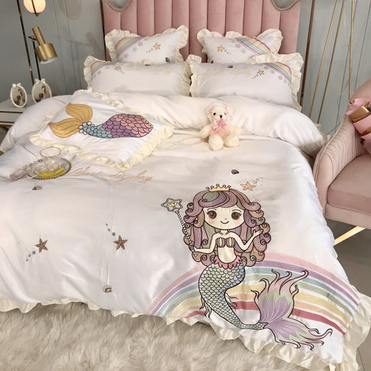 Mermaid Cotton Four Piece Bedding Set Embroidered Naked Sleep Style Soft Duvet Cover Bed Sheet Set