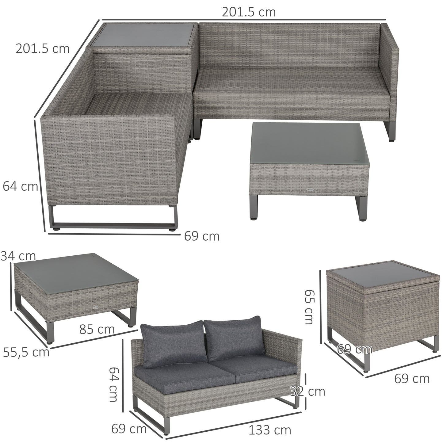4 Piece Rattan Garden Furniture Set 4 Seater Sofa with Storage Box Glass Top Table Wicker Outdoor Patio Furniture Grey