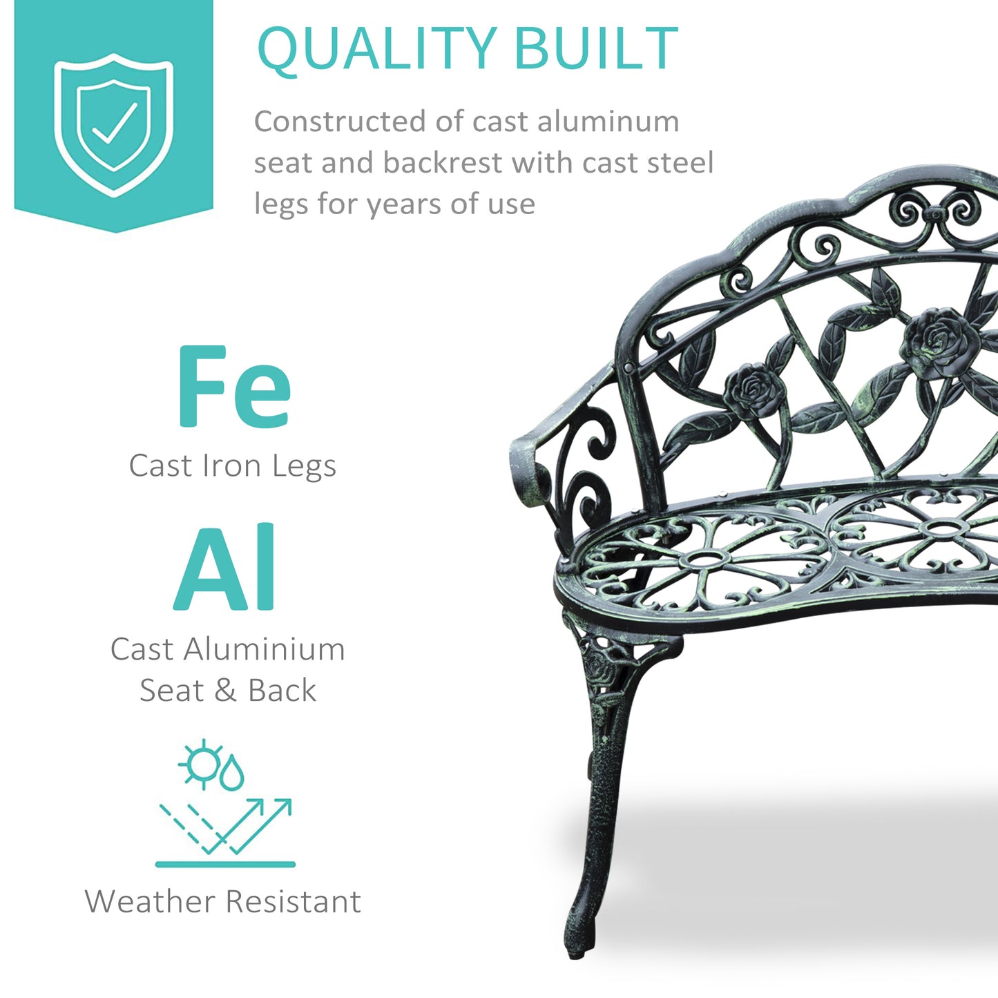 Outdoor Cast Aluminum Garden Bench Metal Floral Rose Accent Antique Finish Patio Seating Furniture Green