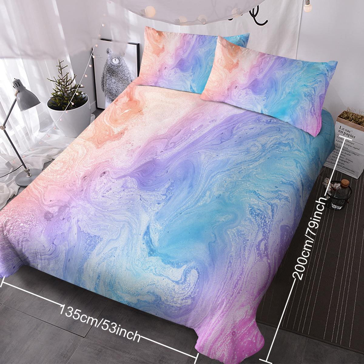 Girly Rainbow Glitter Ombre Duvet Cover Bedding Set 3 Pcs Chic Pastel Purple Blue Green Bedspread with 2 Pillow Shams