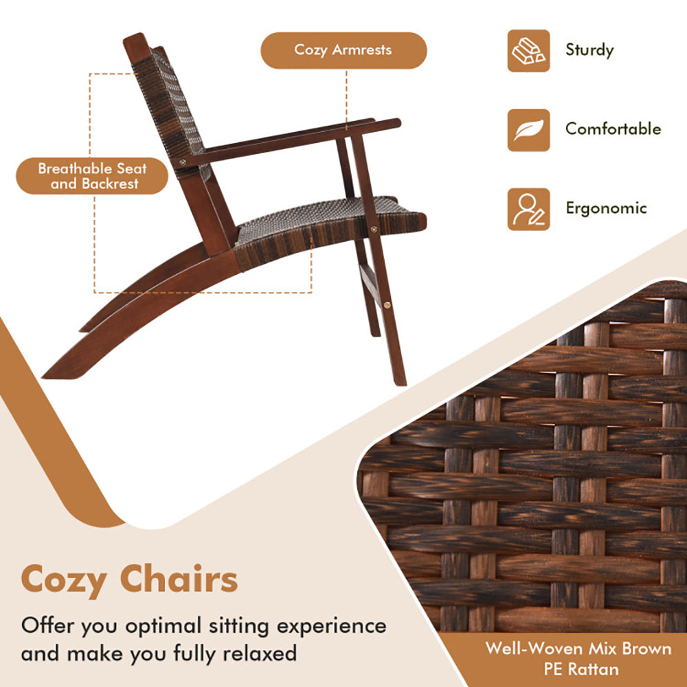 3 Pieces Outdoor Wooden & Rattan Patio Furniture Set Garden Sofa Chair Table Balcony Seating Set
