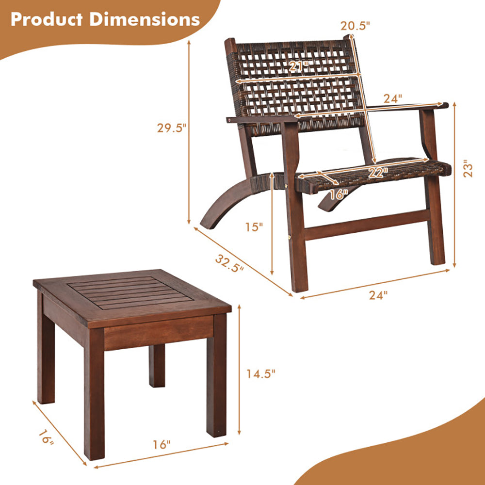 3 Pieces Outdoor Wooden & Rattan Patio Furniture Set Garden Sofa Chair Table Balcony Seating Set