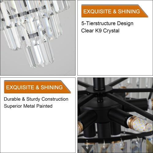 Large Black Crystal Chandelier – Contemporary Lighting for Dining, Living Room & Bedroom (Bulb Not Included)