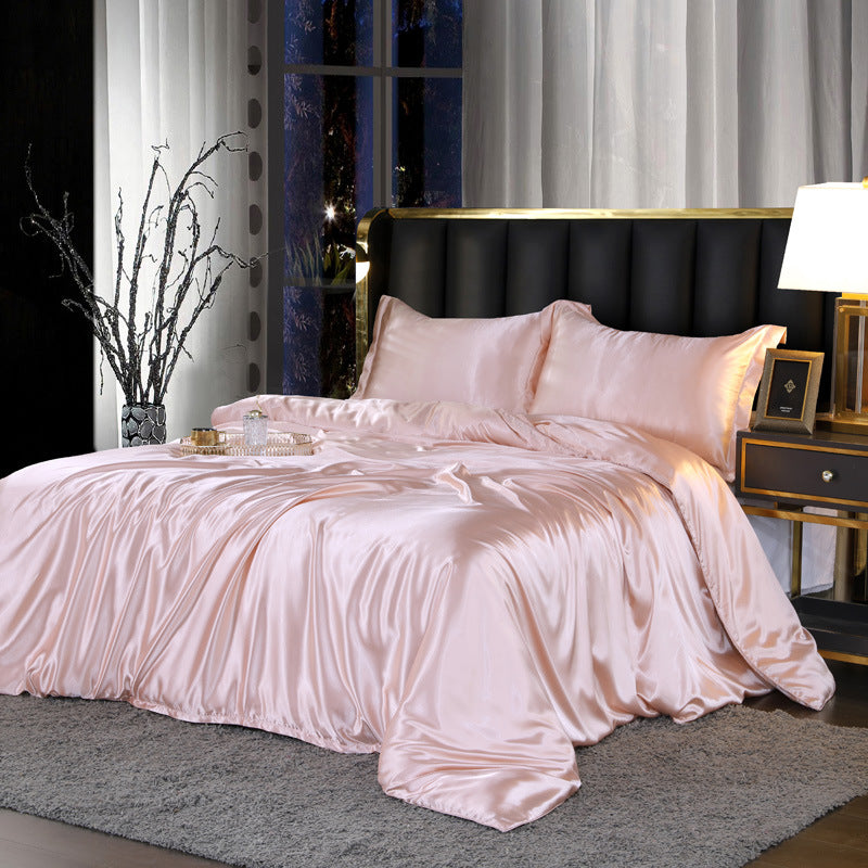 Artificial Silk Double Sided Satin Quilt Cover Bed Sheet 4 Piece Set Luxury Soft Bedding Set