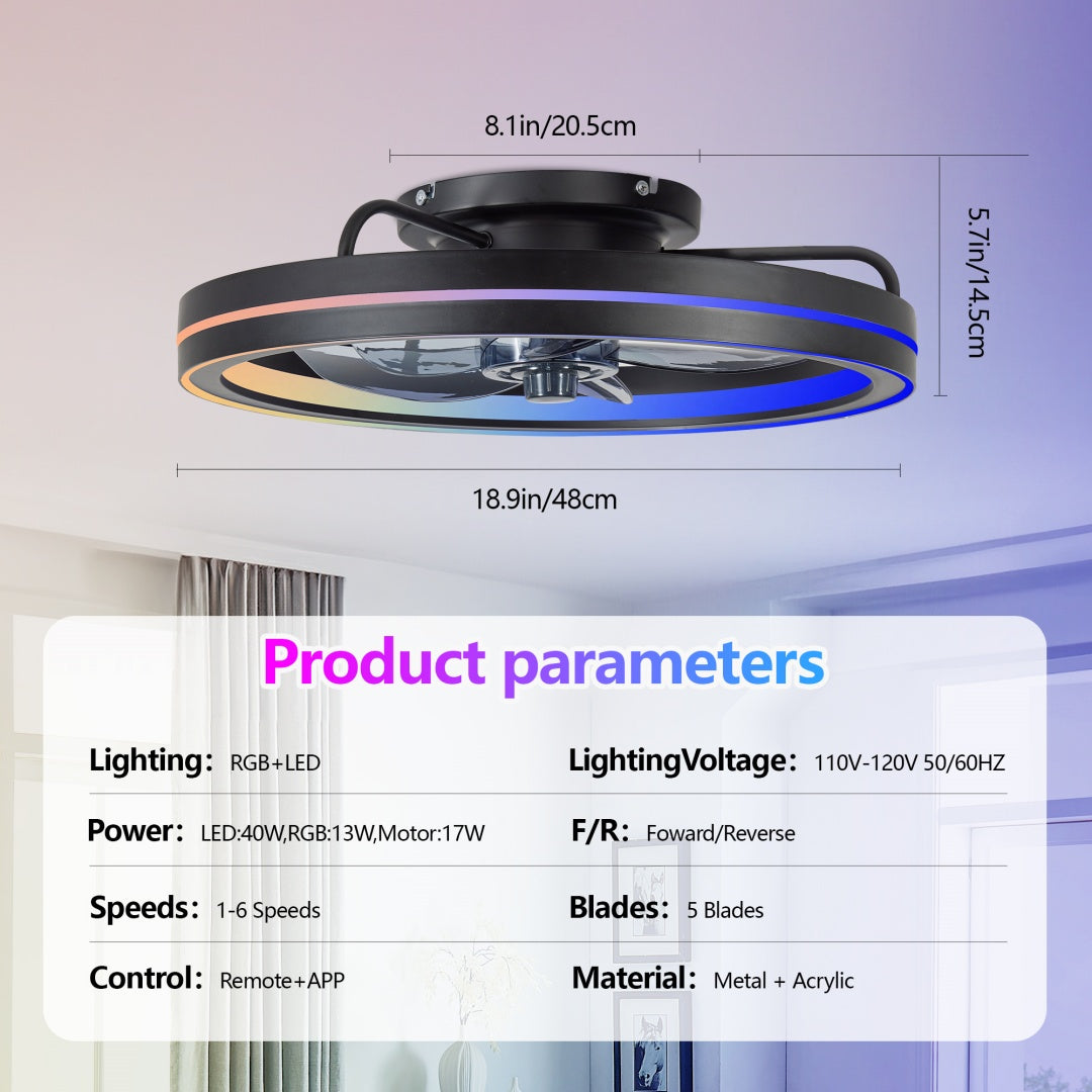 RGB LED Ceiling Fan Light Low Profile Bladeless Fandelier 19IN Flush Mount Smart App Remote Control Bedroom Ceiling Fan
