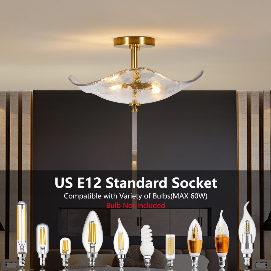 16.5 Inch Glass Semi Flush Mount Ceiling Light Fixture Modern Gold 2-Light Bedroom Bathroom Kitchen Hallway Ceiling Lamp