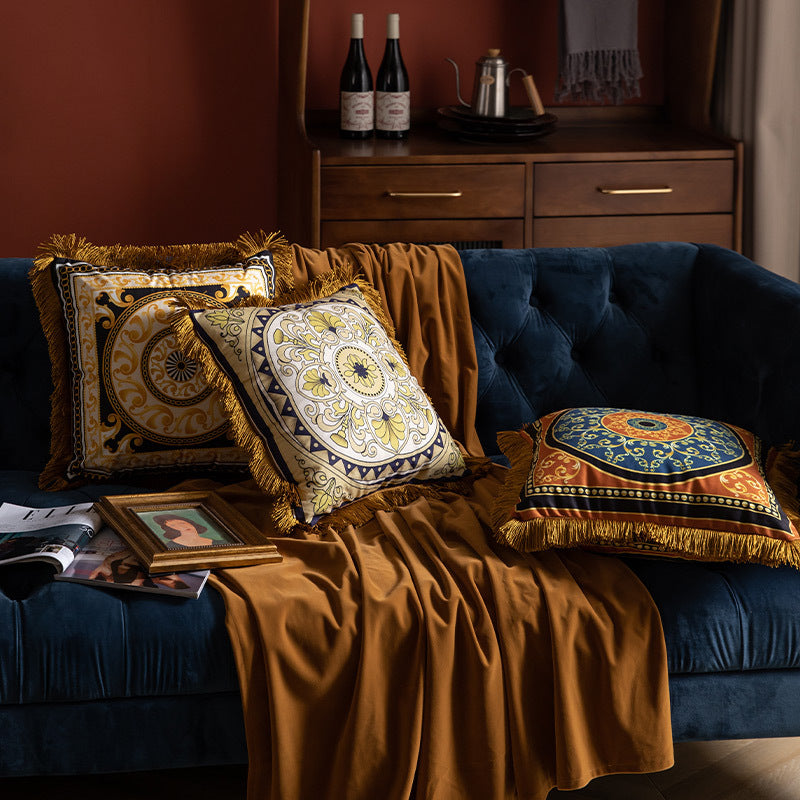 Luxury Sofa Pillow High Grade Duplex Printing Tassel Waist Cushion for Home Decor