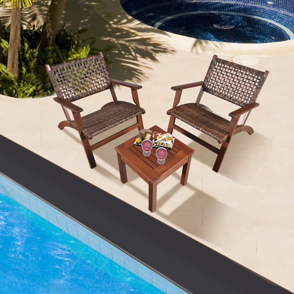 3 Pieces Outdoor Wooden & Rattan Patio Furniture Set Garden Sofa Chair Table Balcony Seating Set