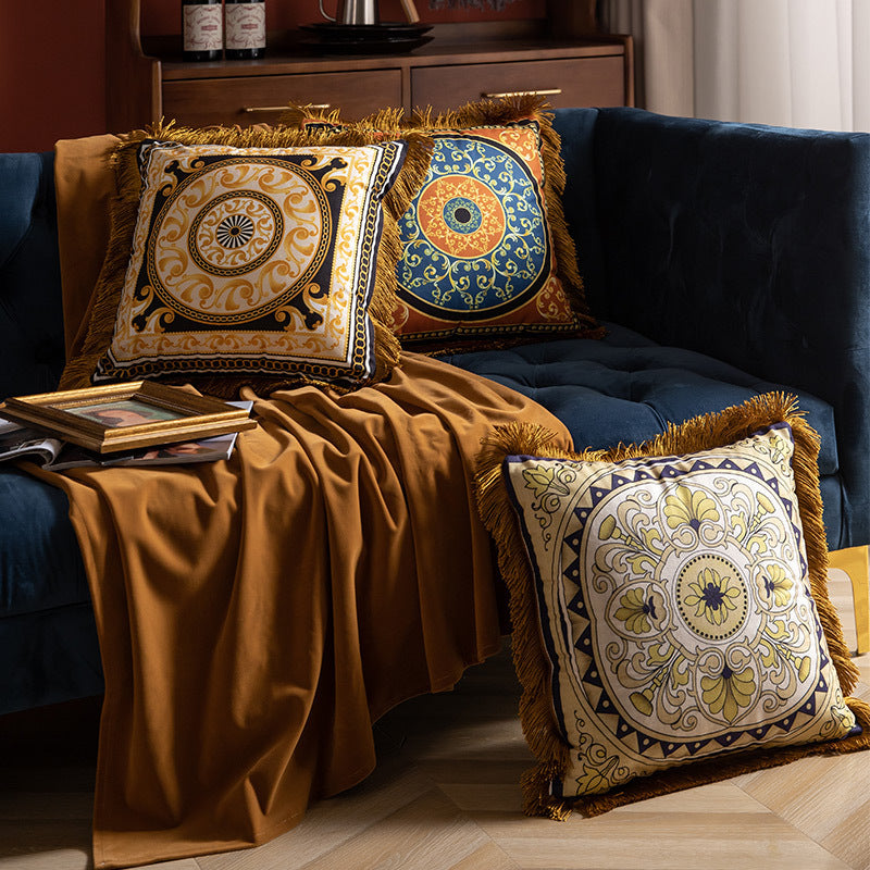 Luxury Sofa Pillow High Grade Duplex Printing Tassel Waist Cushion for Home Decor